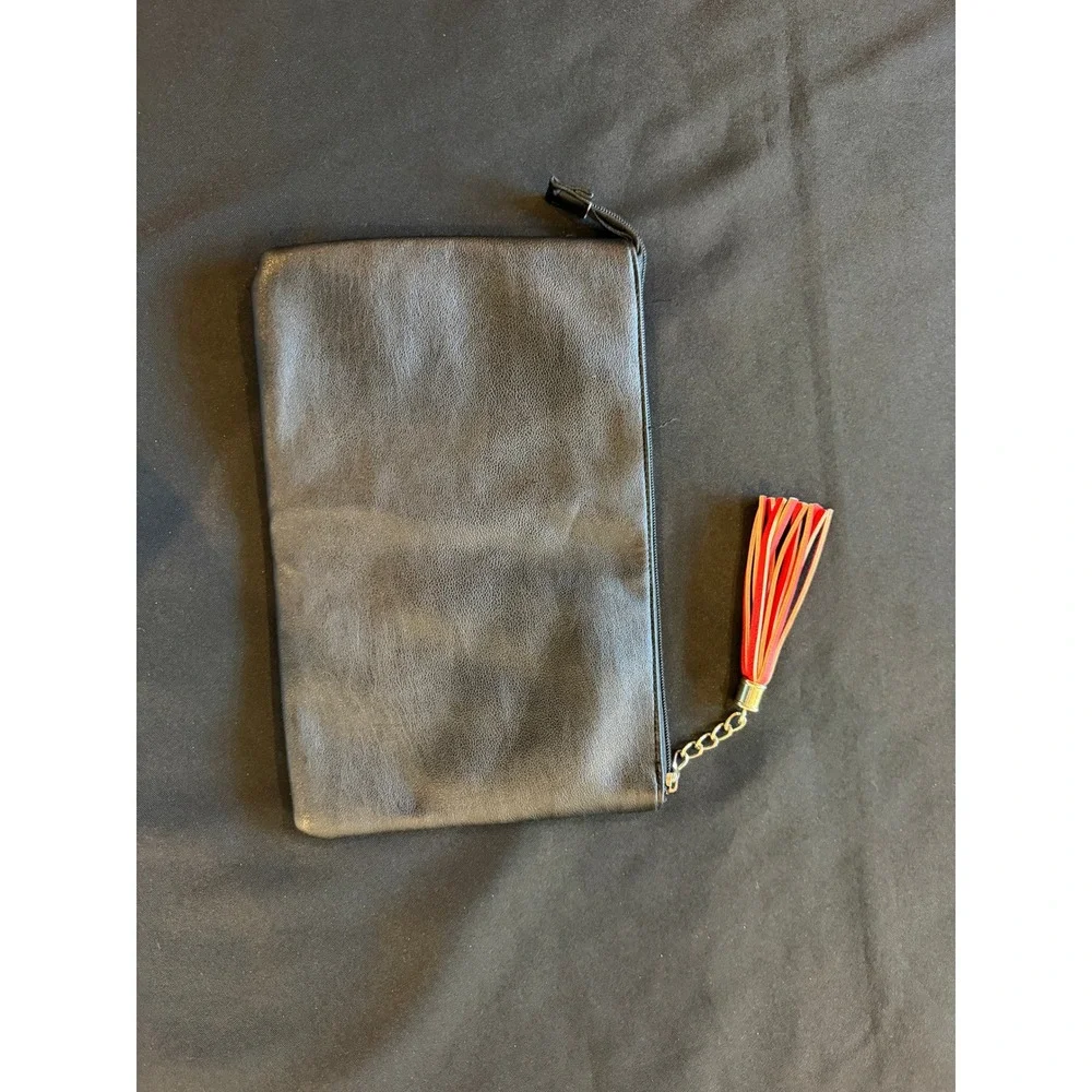 Black Faux Leather Patch Clutch Bag with Tassel Zipper Pull and Interior Pockets